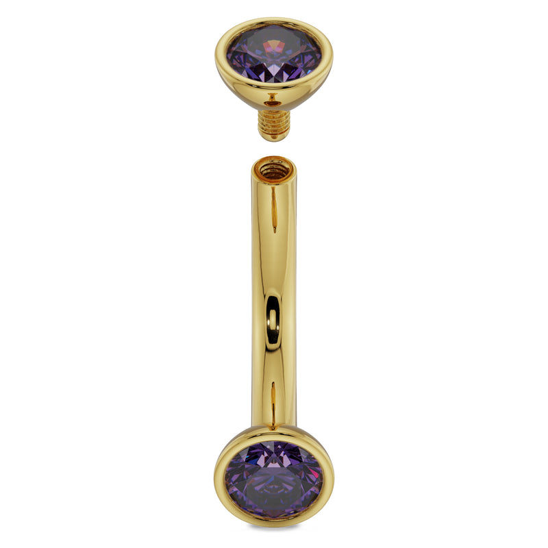 14k yellow gold amethyst curved barbell with top end removed, revealing internal threaded post detail
