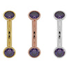 14G amethyst bezel curved barbell in yellow gold, rose gold, and white gold shown together for color comparison