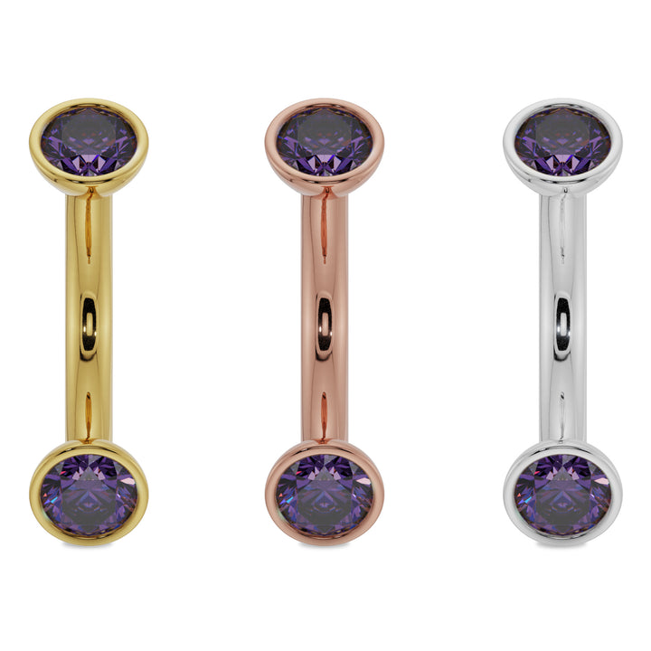 14g color option Gold - 3mm Amethyst Bezel-Set Eyebrow Rook Belly Curved Barbell