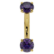 14k yellow gold 14G amethyst belly ring with larger dual prong-set purple gemstones, front view