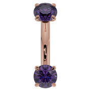 14k rose gold 14G amethyst belly ring with larger dual prong-set purple gemstones, front view