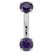 14k white gold 14G amethyst belly ring with larger dual prong-set purple gemstones, front view