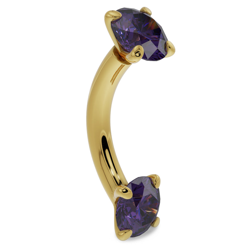 Side profile of 14k yellow gold amethyst curved barbell with larger prong-set stones showing curved shape