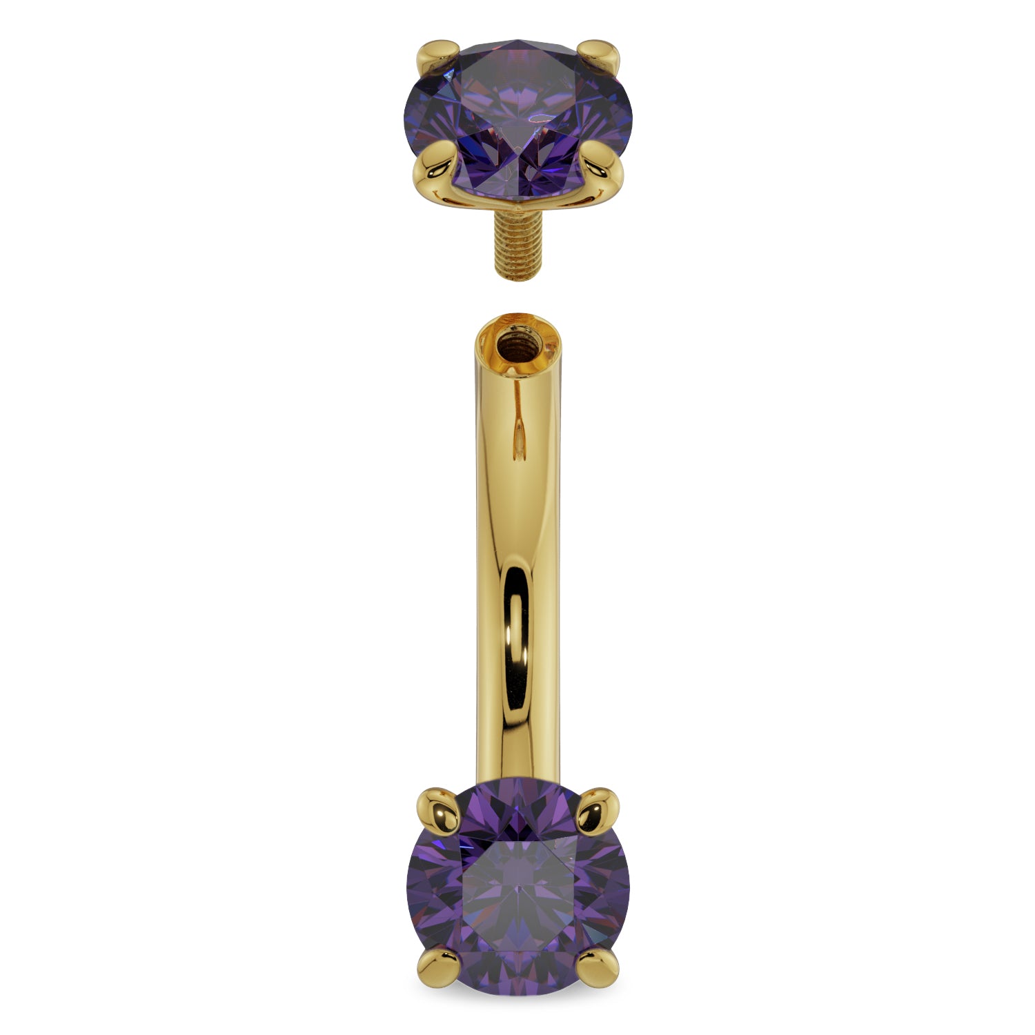 Internally Threaded 14G Gold Amethyst Prong-Set Eyebrow Rook Belly Curved Barbell