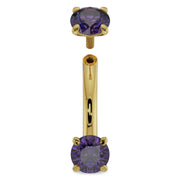14k yellow gold 14G amethyst curved barbell with top unscrewed showing internal threading detail