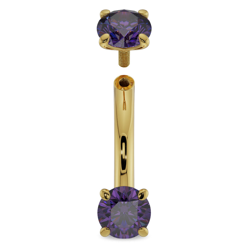 14k yellow gold 14G amethyst curved barbell with top unscrewed showing internal threading detail