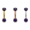 14G amethyst curved barbell comparison of 14k yellow, rose, and white gold options with larger stones