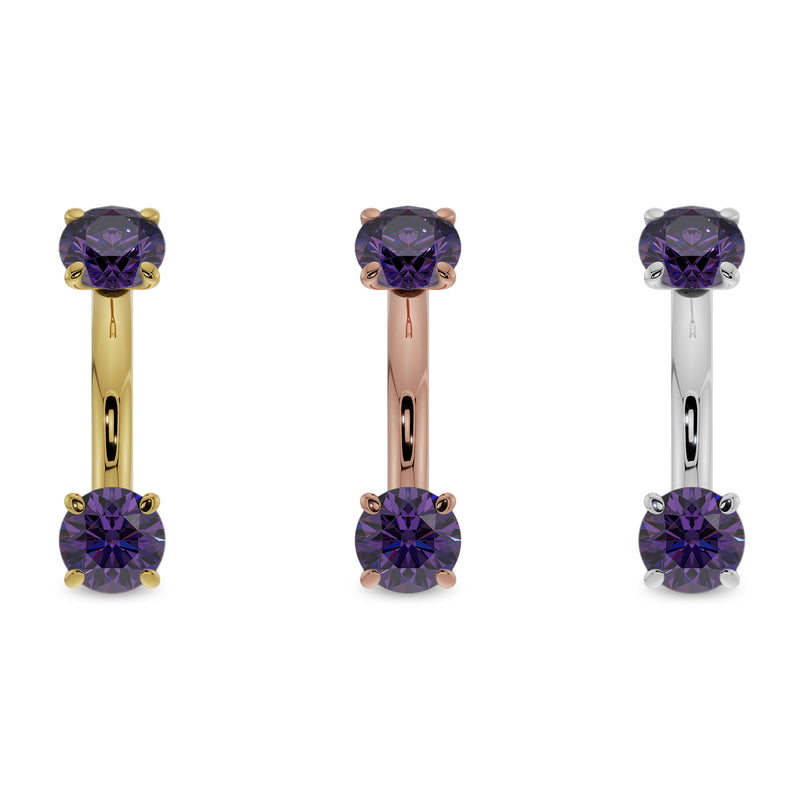 14G amethyst curved barbell comparison of 14k yellow, rose, and white gold options with larger stones