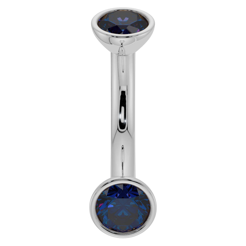14k white gold 14G curved barbell with 4mm bezel-set blue sapphires, belly ring gauge front view