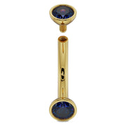 14k yellow gold 4mm blue sapphire curved barbell disassembled showing internal threading detail