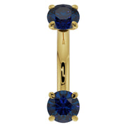 14k yellow gold 14G blue sapphire curved barbell front view, larger 4mm sapphires for belly ring sizing
