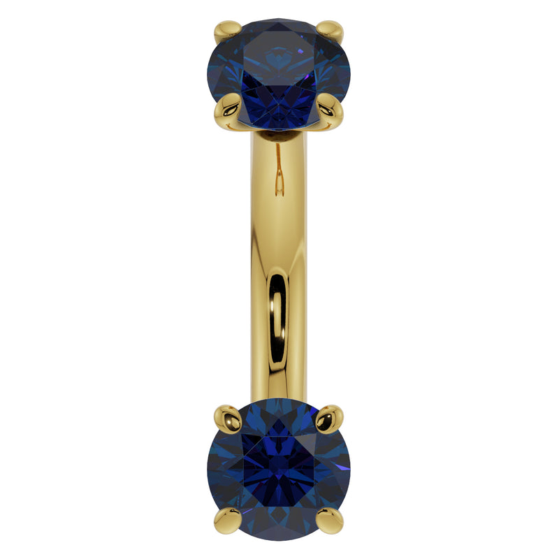 14k yellow gold 14G blue sapphire curved barbell front view, larger 4mm sapphires for belly ring sizing