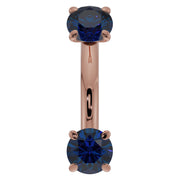 14k rose gold 14G blue sapphire curved barbell, belly ring gauge with larger prong-set sapphire ends