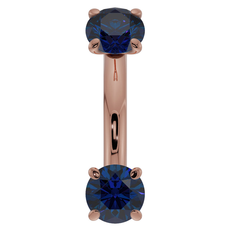14k rose gold 14G blue sapphire curved barbell, belly ring gauge with larger prong-set sapphire ends