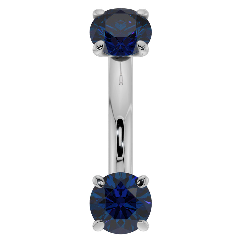 14k white gold 14G blue sapphire curved barbell front view, larger stones ideal for belly button piercing