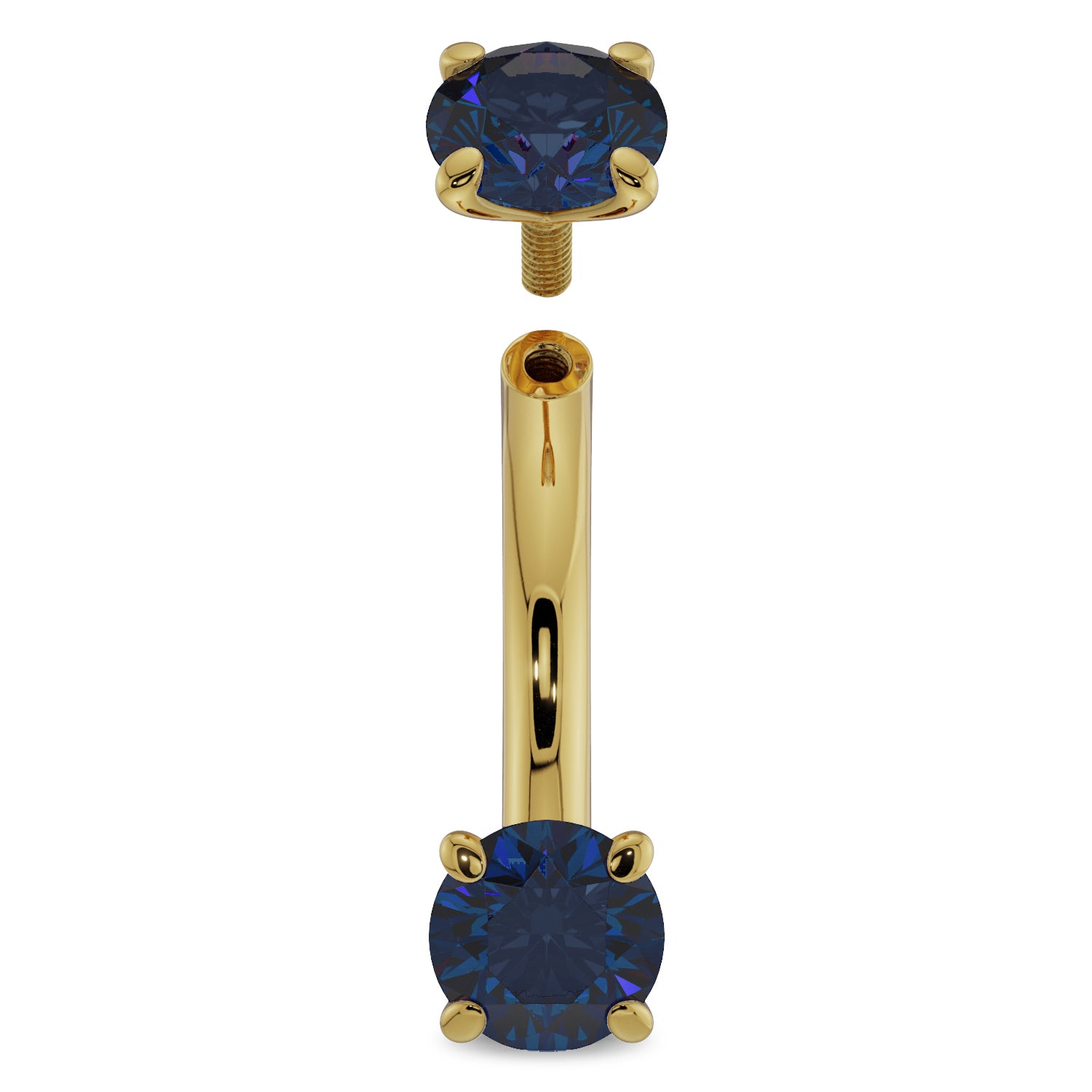 Internally threaded Gold Blue Sapphire Prong-Set Eyebrow Rook Belly Curved Barbell