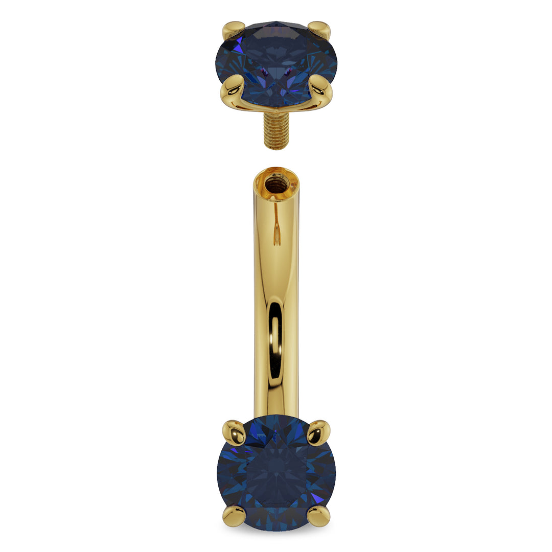 Internally threaded Gold Blue Sapphire Prong-Set Eyebrow Rook Belly Curved Barbell