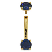 14k yellow gold blue sapphire internally threaded curved barbell, closer view of threaded top end detail