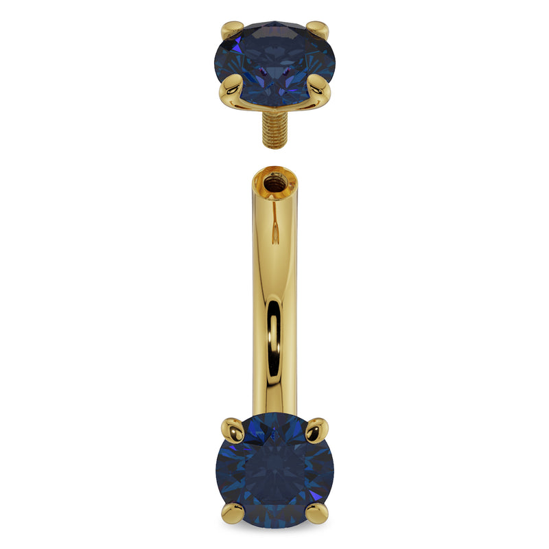 14k yellow gold blue sapphire internally threaded curved barbell, closer view of threaded top end detail