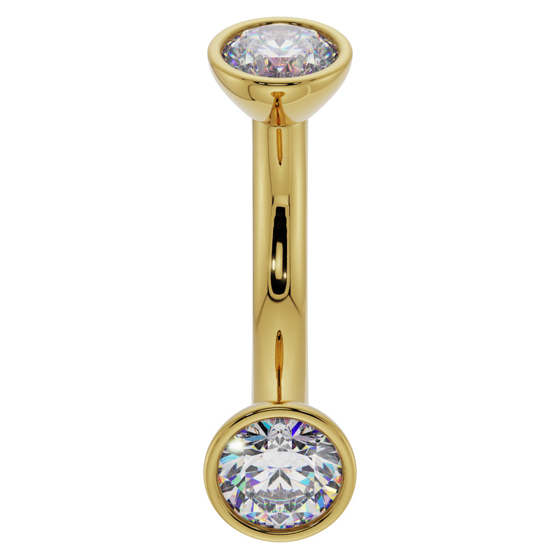 14K yellow gold 14G CZ bezel curved barbell with larger 4mm CZ ends for belly ring use