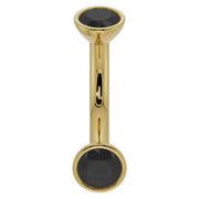 14k yellow gold black diamond curved barbell with domed bezel top, angled profile view