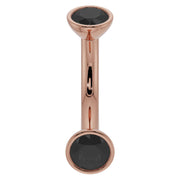 14k rose gold black diamond curved barbell with domed bezel top, angled profile view