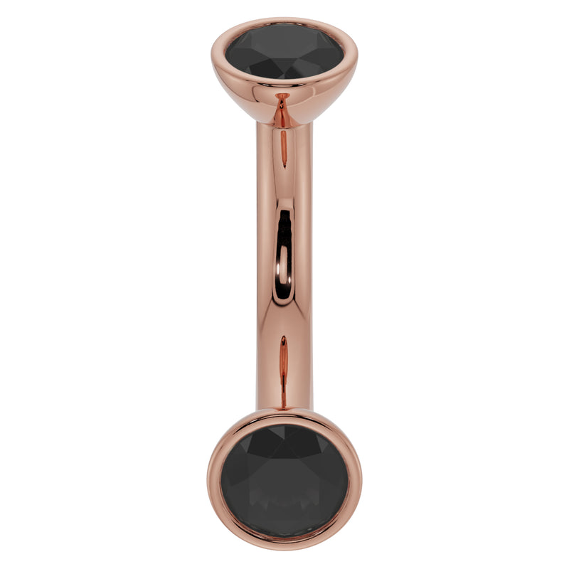 14k rose gold black diamond curved barbell with domed bezel top, angled profile view