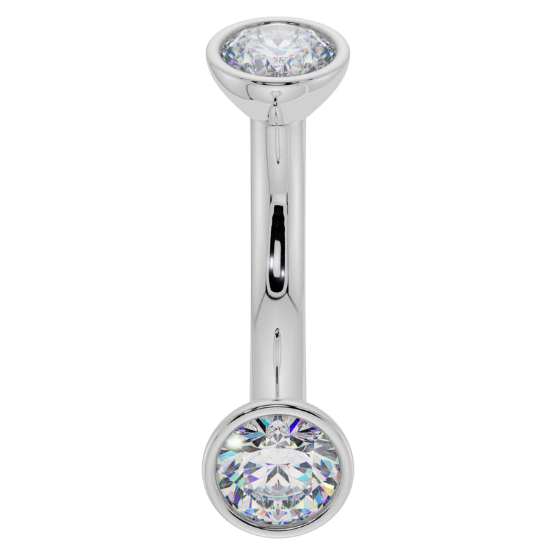 14K white gold 14G CZ bezel curved barbell with larger 4mm CZ ends, belly ring gauge