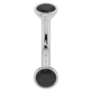 14k white gold black diamond curved barbell with domed bezel top, angled profile view