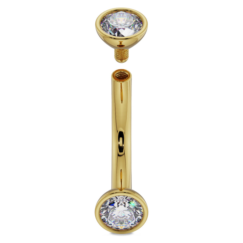 14k yellow gold diamond belly ring curved barbell with top end detached showing internal thread detail