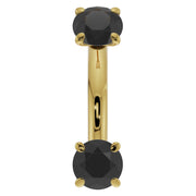 14k yellow gold black diamond curved barbell, straight-on front view showing larger 4mm diamond ends
