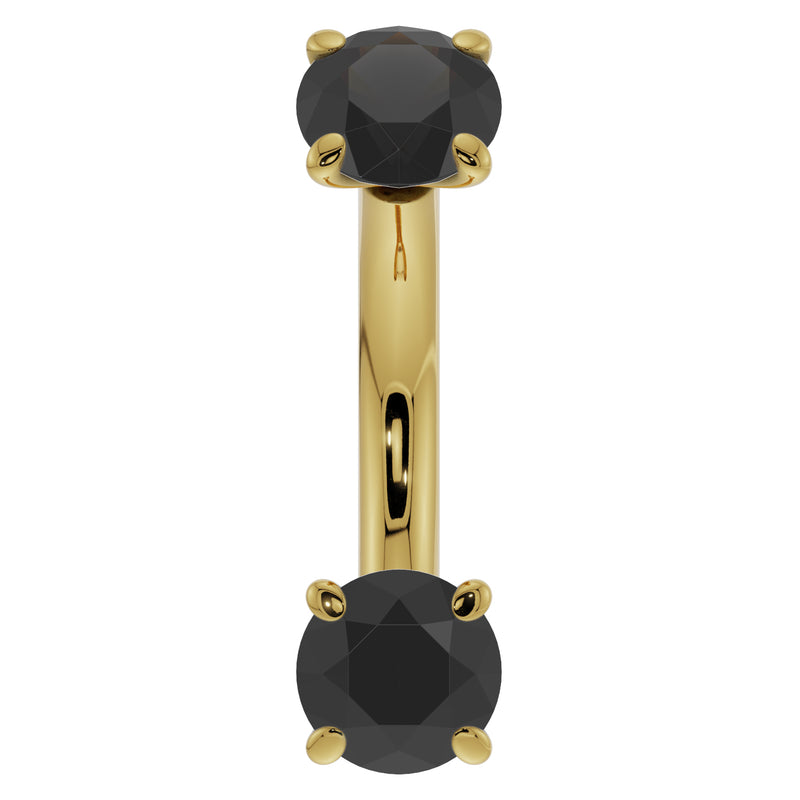 14k yellow gold black diamond curved barbell, straight-on front view showing larger 4mm diamond ends