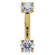 14k yellow gold 14G belly ring curved barbell with larger 4mm prong-set diamonds, front view