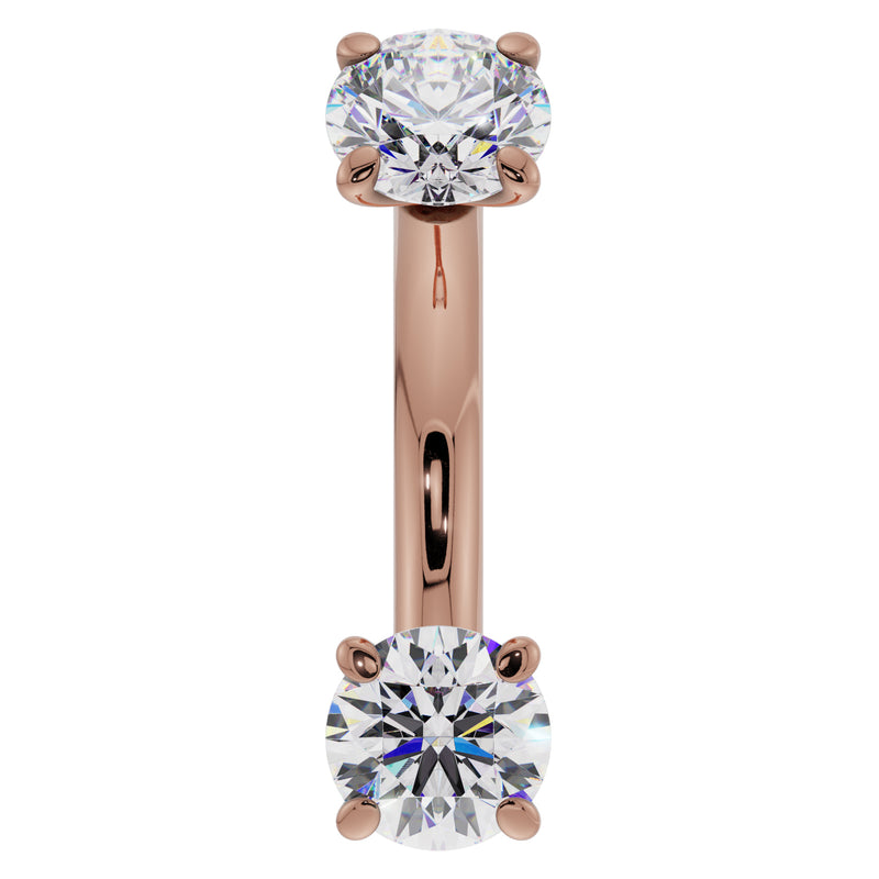 14k rose gold 14G belly ring with 4mm dual CZ prong-set stones, front view on white background