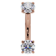 14k rose gold 14G belly ring curved barbell with larger 4mm prong-set diamonds, front view