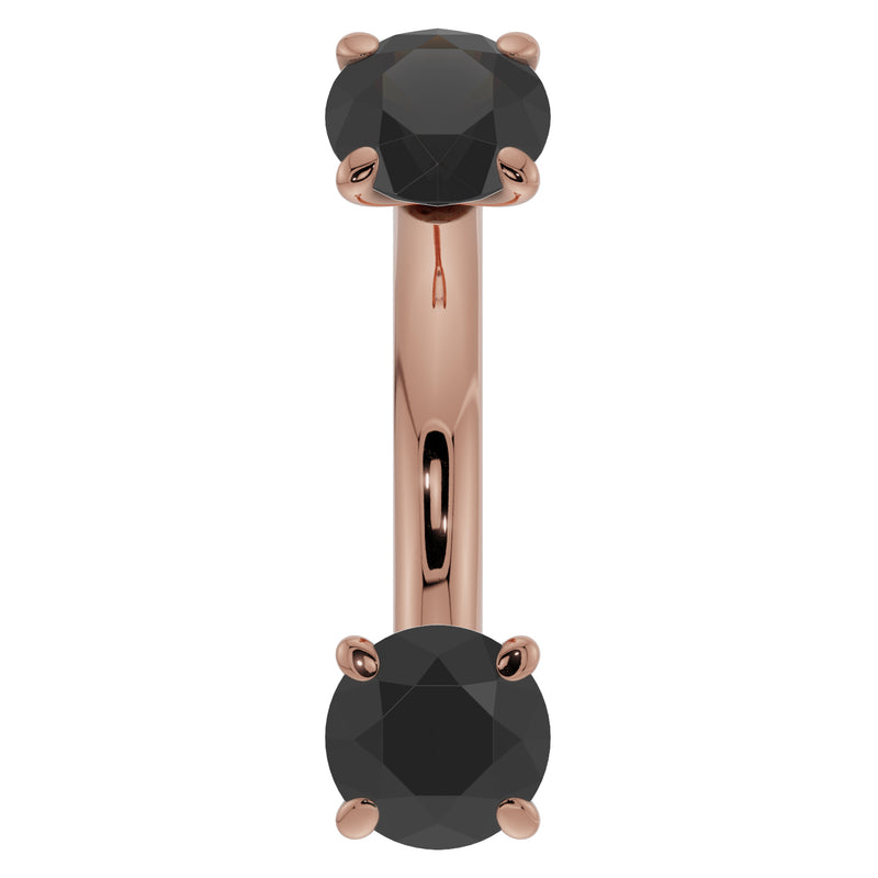 14k rose gold black diamond prong-set curved barbell, front view with warm rose tone against dark stones