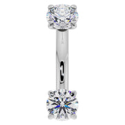 14k white gold 14G belly ring curved barbell with larger 4mm prong-set diamonds, front view