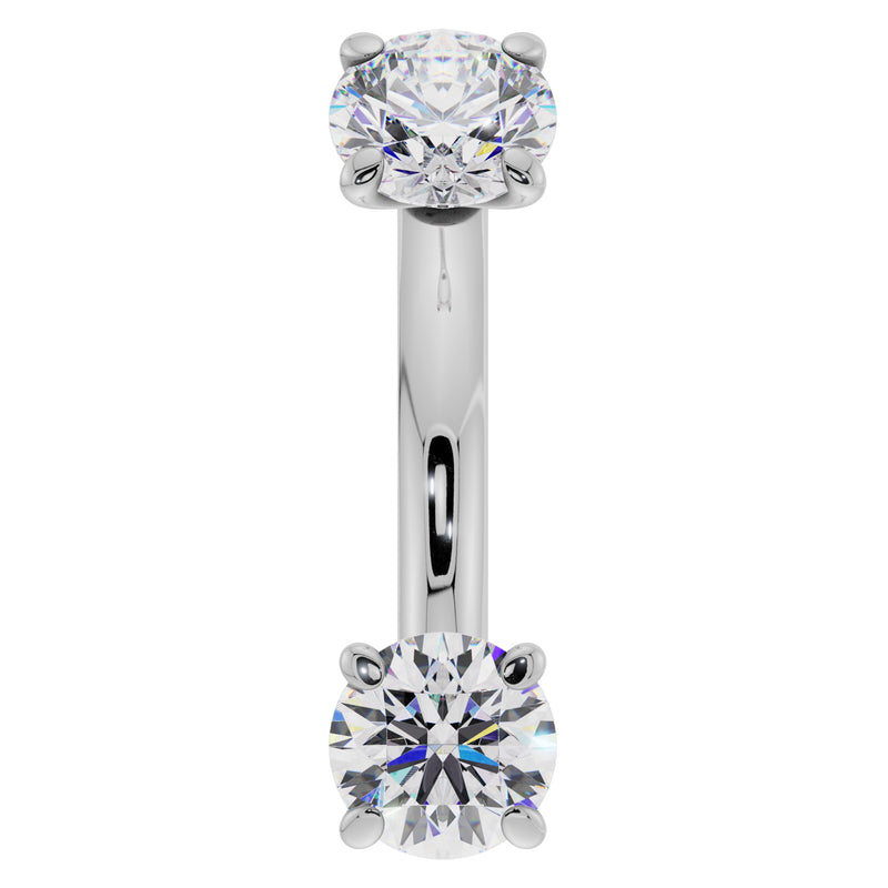 14k white gold 14G belly ring curved barbell with larger 4mm prong-set diamonds, front view