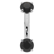 14k white gold black diamond prong-set curved barbell, front view showing polished shaft and dark stones