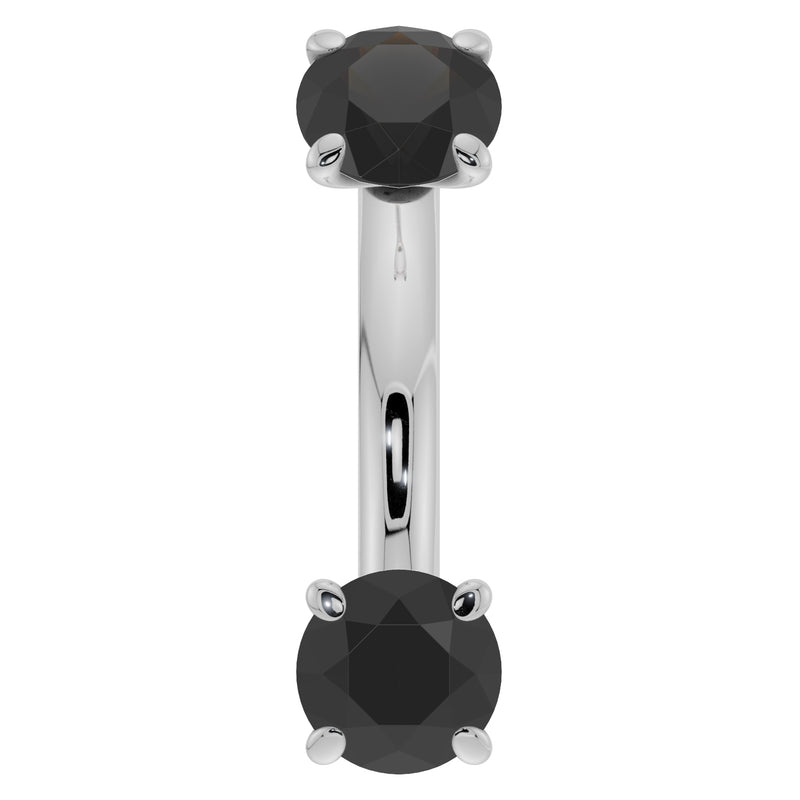 14k white gold black diamond prong-set curved barbell, front view showing polished shaft and dark stones