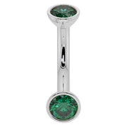 14k white gold 14G emerald bezel belly ring, angled front view with polished bar and domed top end