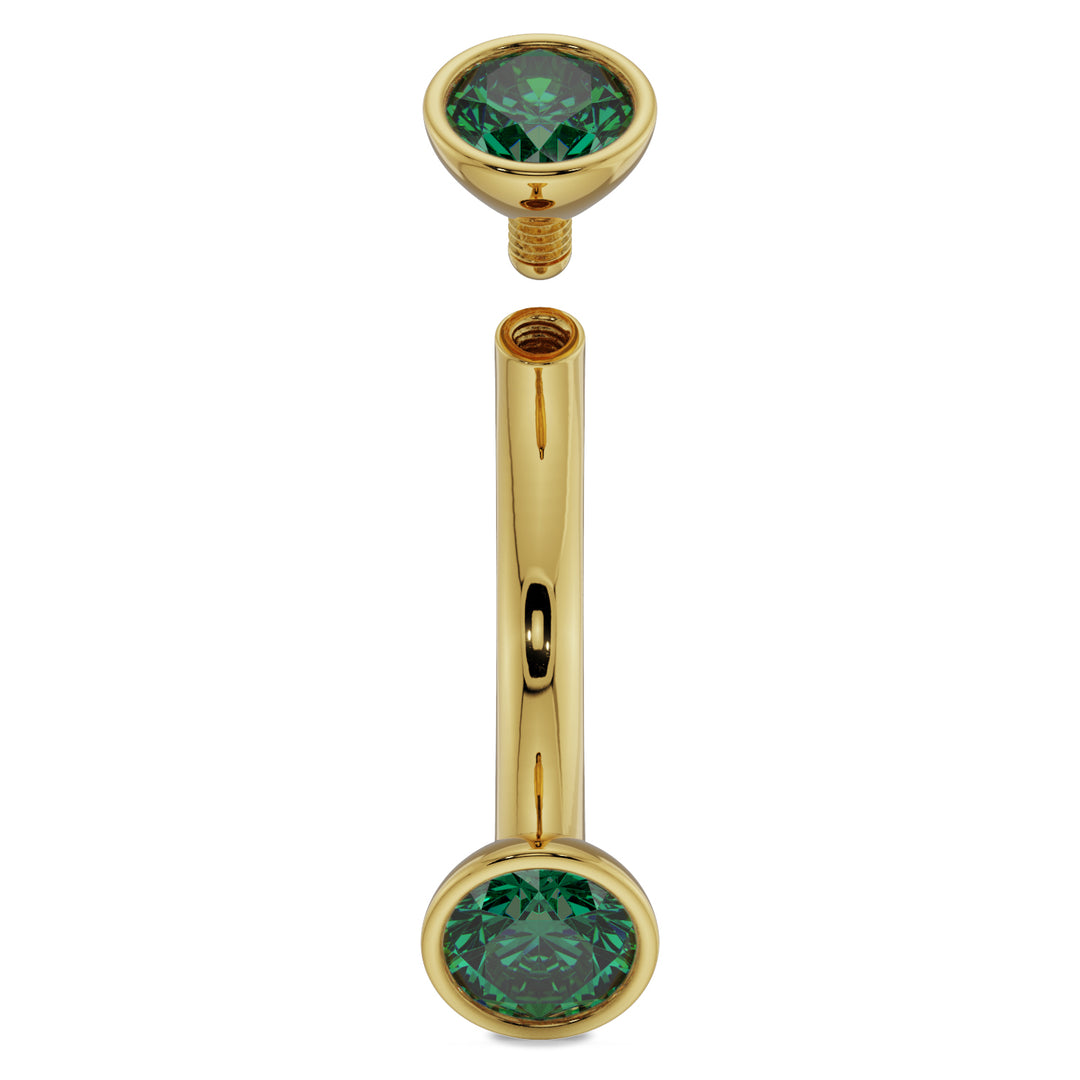 Internally Threaded 14G Gold Emerald Bezel-Set Eyebrow Rook Belly Curved Barbell