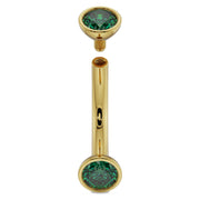 14k yellow gold 14G emerald curved barbell separated to show internally threaded post and end cap