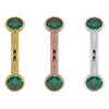 14G emerald bezel curved barbell in yellow, rose, and white 14k gold shown side by side for comparison