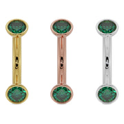 14G emerald bezel curved barbell in yellow, rose, and white 14k gold shown side by side for comparison