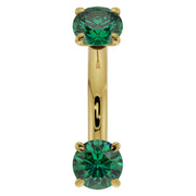 14k yellow gold 14G emerald belly ring with larger 4mm prong-set emeralds, front view