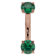 14k rose gold 14G emerald belly ring with larger 4mm prong-set emeralds, front view
