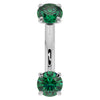 14k white gold 14G emerald belly ring with larger 4mm prong-set emeralds, front view