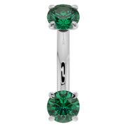 14k white gold 14G emerald belly ring with larger 4mm prong-set emeralds, front view