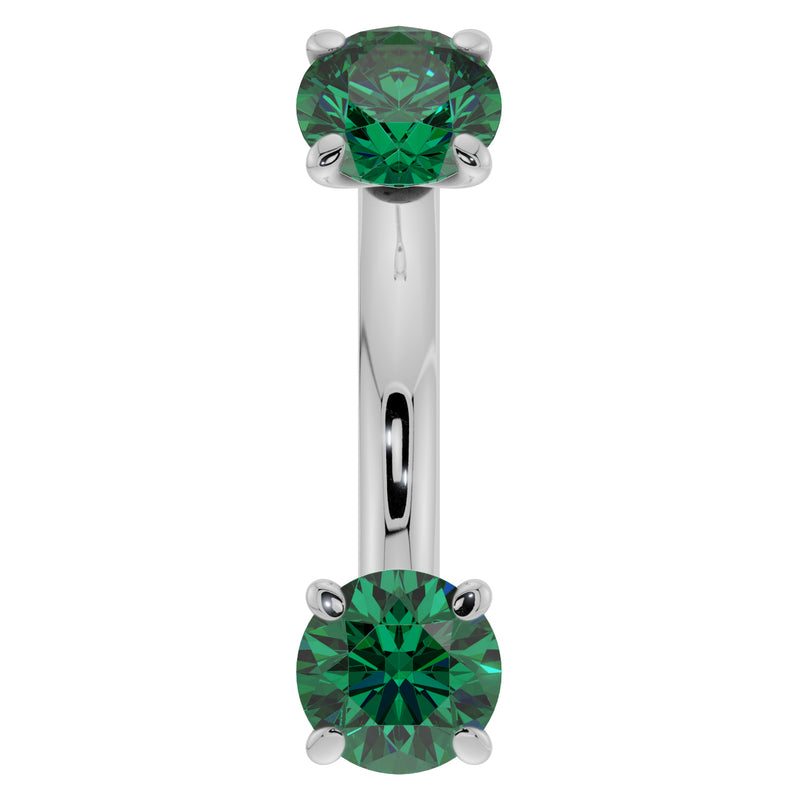 14k white gold 14G emerald belly ring with larger 4mm prong-set emeralds, front view